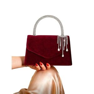 Burgundy Velvet Rhinestone Handle Clutch Evening Bag